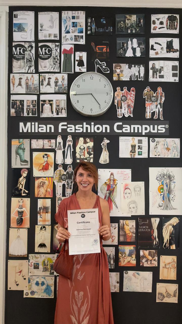 Jasmine Petrosyan holding her Milan Fashion Campus styling certificate